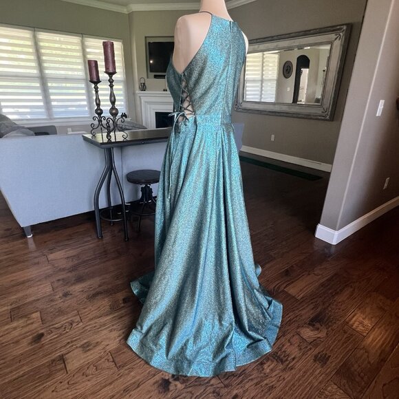 Juliet Formal Gown Size XXL Prom HOCO Dress Teal Sparkle Lace Up Sides High Neck - Picture 11 of 17